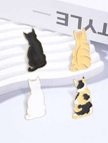 4Pcs Minimalist Back View Cat Enamel Pin Black White Calico Tabby Solid Kitty Brooch Neutral Backpack Decor Badge - Multicolor - View 6
