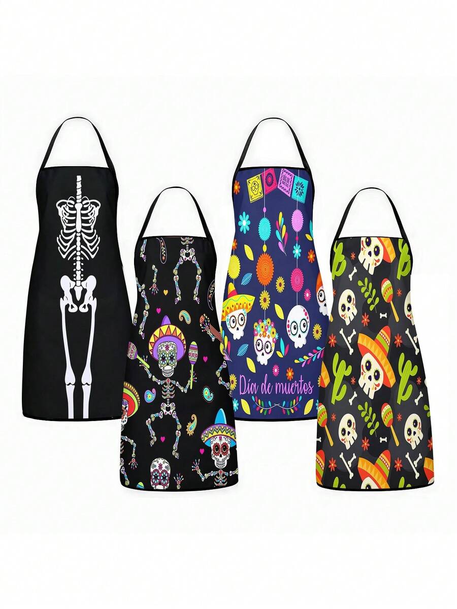 4Pcs/1pcDay Of The Dead Print Apron, Sugar Skull Skeleton Pattern Kitchen Apron For Cooking Baking Halloween PartySkeleton Apron For Halloween, White Human Skeleton Bones Print Black Kitchen Apron - Multicolor - View 1