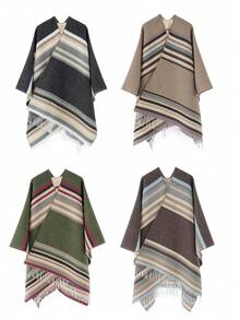 1pc Men's Striped Doorframe European & American Travel Style Shawl Cape, Versatile Double-Sided Solid Color Warm Scarf - Multicolor - View 8