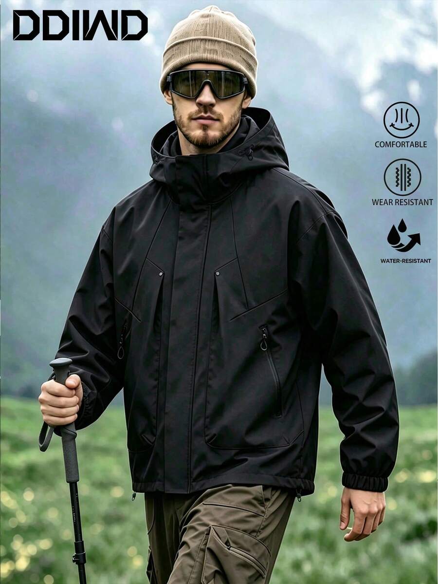 男士粗獷風連帽軟殼夾克，寬鬆版型，多口袋功能性工作服，適合戶外旅行、騎行、徒步的多用途休閒夾克