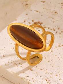 1pc/2pcs Stainless Steel Elegant Vintage Style Amber Oval Ring Set Suitable For Women's Daily, Holiday, Date And Travel Wear - Multicolor - View 9