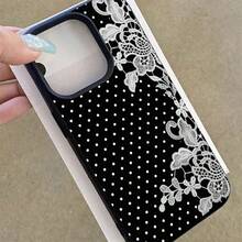 1pc TPU Material Cool Black Background Polka Dot White Lace Pattern Phone Case Compatible With IPhone 17 Pro Max/17/16 Pro Max/15/13/12/11/ S20 FE/A15/S24/A55/ Note 11/Note 12/Note 13 Pro Full Coverage Anti-Drop Soft Shell Phone Protective Cover - Black - View 4