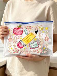 Mesh Zipper Makeup Bag,Apple Pencil Book Print,Back To School Mesh Storage Bag,Portable Zipper Stationery Pouch,Large Capacity Cosmetic Bag,Transparent Pen Bag,School Supplies Storage,For School Office Travel,Gifts For Teachers And Students - Multicolor - View 2