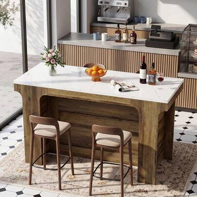 LITTLE TREE Rectangular Coffee Bar Unit, 59-Inch Modern Counter Height Table With Faux Marble Top, Suitable For Bistro, Coffee Shop, Living Room, Kitchen, Easy Assembly, White & Brown