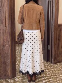 Women's Polka Dot Pattern Contrast Lace Elegant Knitted Midi Skirt - White - View 8