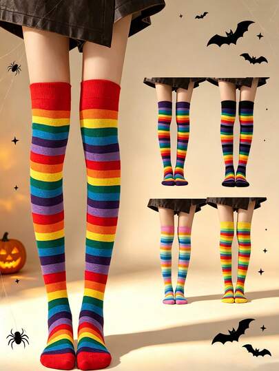 Calcetines de muslo a rayas para mujer, suaves y elásticos de punto, medias largas por encima de la rodilla, estilo Y2K Kawaii sexy, disfraz de cosplay para otoño, vuelta al colegio, fiesta y club