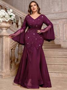 Plus Size V-Neck Floral Lace Sequin Patchwork Contrast Mesh Long Sleeve Mermaid Hem Evening Party Dress, Wedding Guest Dress, Prom Dress, Birthday Suitable - Maroon - View 7