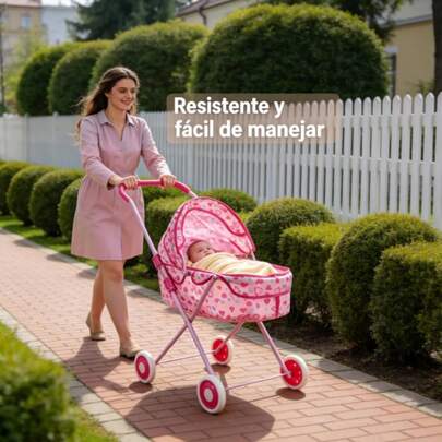 Cochecito para Muñecas Rosa con Ruedas Carrito Juguete Infantil Decorado Corazones Regalo Cumpleaños Niña Pequeña,cumpleaños o Año Nuevo para una niña.
