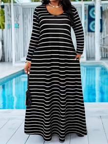 Plus Size Women's Striped Colorblock Long Sleeve Casual Vacation Everyday Dress With Pockets Elegant - Black and White - View 1