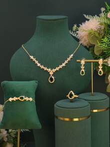 5pcs Handmade Inlaid Green Cubic Zirconia Elegant Exquisite Series Necklace Bracelet Earrings Ring Set Maple Leaf Design For Women Daily Wear Date Party Friend Gift - Waterdrop Design Green Diamond Set - View 11