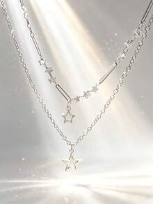 1pc Multilayered Silver-colored Handmade Chain Necklace With Sun & Star Charms, Suitable For Women's Daily Wear - Silver - View 13