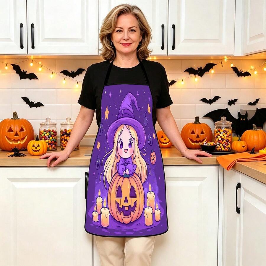 1pc Halloween Pumpkin, Ghost, Bat, Black Cat, Spider Web, Vintage Skeleton Witch, Haunted House, Halloween Pattern Apron, Suitable For Home Decor And Kitchen Use. Made Of 100% Polyester Material, Designed As Sleeveless Style, Perfect For Home Kitchen, Outdoor BBQ Cooking. This Printed Apron Is Unisex, Machine Washable And Reusable, An Essential Kitchen Accessory - Multicolor - View 1