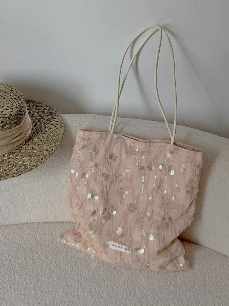 Korean Style Personalized Shiny Sequin Tote Bag, Niche Design INS Style Large Capacity Patchwork Tote Bag, Commute, Outing, Daily Shopping, Shoulder Slouchy Handheld Tote Bag - Apricot - View 9