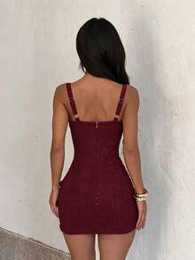 Women's Textured Spaghetti Strap Dress For Autumn, Flattering Chest Design, Suitable For Parties, Gatherings, Travel, Vacation, Beach - Burgundy - View 5