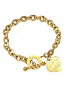 1pc Women's Stainless Steel Heart Engraved Titanium Chain Bracelet, With T-Clasp, Suitable For Daily Wear And As Gift For Dates - Bracelet - View 1