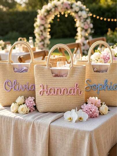 1pc Personalized Monogrammed Straw Woven Beach Tote Bag, Custom Name Embroidery Bridesmaid Gift, Bachelorette Pool Trip Bridal Shower Favors For Women