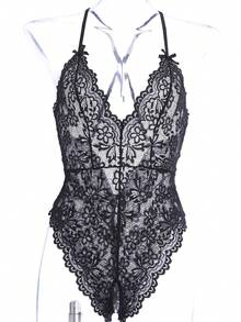 1件黑色蕾絲刺繡露背連身褲，柔軟親膚前開襟長褲 - 黑色 - 查看 4