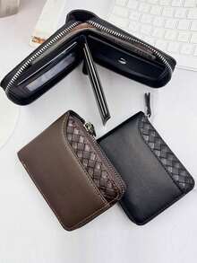 1pc Men's Multi-Function [Multi-Card Slot] Patchwork Coin Purse Short Horizontal Zipper Wallet Coin Purse Woven Pattern Patchwork Wallet - Multicolor - View 1