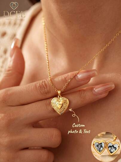 1PC Customized Vintage Embossed Heart-Shaped Locket Necklace, Stainless Steel Gold-Plated Material, Long-Lasting Color Retention, Exquisite Floral Embossed Pattern Vintage And Gentle, Pendant Surface Can Be Laser Engraved With Customized Short Letters Or Commemorative Dates, Locket Interior Dual Compartment Can Hold 1-2 Private Photos Of Couples, Family, Pets, Delicate Versatile O-Chain Suitable For Various Outfits, Perfect For Birthday, Anniversary, Mother's Day, Pet Memorial Gifts