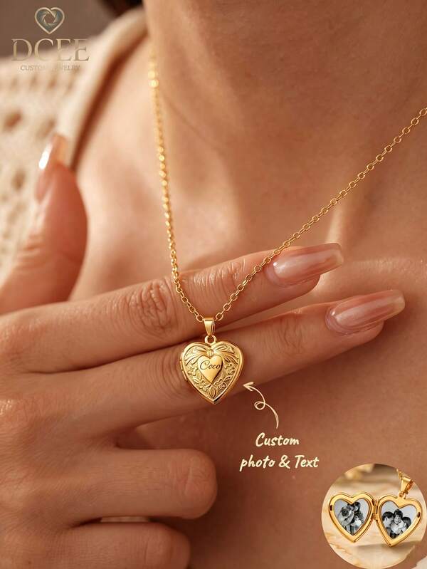 1PC Customized Vintage Embossed Heart-Shaped Locket Necklace, Stainless Steel Gold-Plated Material, Long-Lasting Color Retention, Exquisite Floral Embossed Pattern Vintage And Gentle, Pendant Surface Can Be Laser Engraved With Customized Short Letters Or Commemorative Dates, Locket Interior Dual Compartment Can Hold 1-2 Private Photos Of Couples, Family, Pets, Delicate Versatile O-Chain Suitable For Various Outfits, Perfect For Birthday, Anniversary, Mother's Day, Pet Memorial Gifts