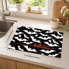 1pc Black & White Bat Pattern Diatom Mud Kitchen Drain Mat, Quick-Drying Absorbent Non-Slip Coffee Machine Pad & Dish Drying Mat, Suitable For Kitchen Countertop And Halloween Home Decor - Multicolor - View 9