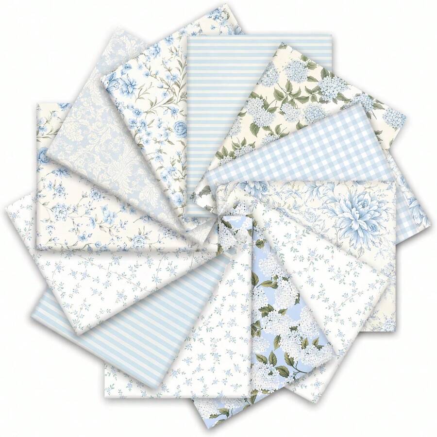 14/28pcs Blue Quilted Fabric, 25cm X 25cm Blue Fabric Squares Vintage Pre-Cut Quilt Kit With Floral And Striped Print Patterns, For DIY Crafts