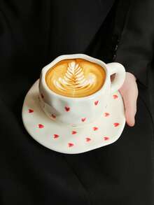 1pc Set Personalized Coffee Cup And Saucer, Small Heart Ceramic Cup And Saucer, Suitable For Club, Home, Cafe Use, Leisure Afternoon Tea - Multicolor - View 1