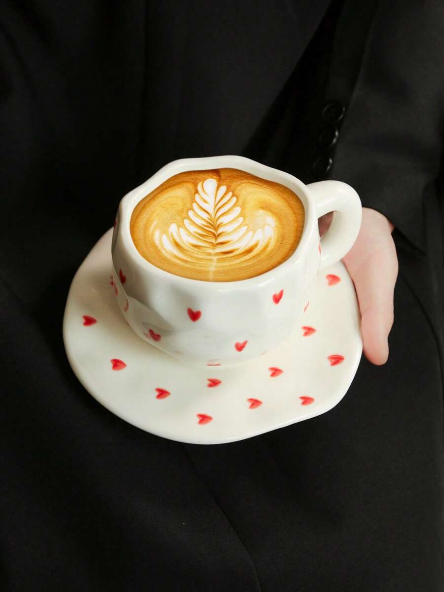 1pc Set Personalized Coffee Cup And Saucer, Small Heart Ceramic Cup And Saucer, Suitable For Club, Home, Cafe Use, Leisure Afternoon Tea - Multicolor - View 1