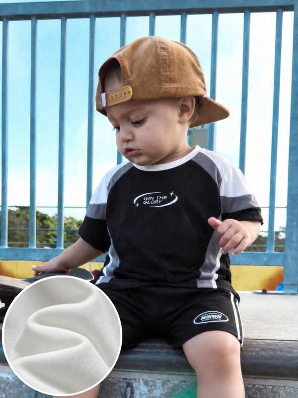 2pcs/Set Young Boys Contrast Color Patchwork Letter Slogan Graphic Print Design Summer Casual Fashion Crew Neck Versatile Top Short Sleeve And Shorts, Street Style Hip-Hop Skin-Friendly Cool Versatile Kids Daily, School, Vacation, Party Outfit
