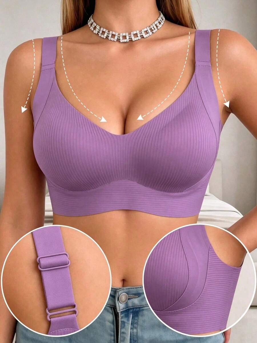 Women's Seamless Bra - Adjustable Straps, Wire-Free Support, Suitable For Daily Wear, Ultra-Soft Breathable Fabric, Women's Spring Apparel, Comfortable Lingerie Bra - Purple - View 1