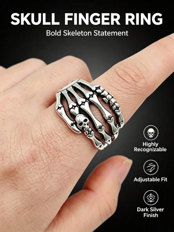 Cincin Tangan Tengkorak Gaya Punk Gothic, Cincin Tengkorak Berongga Cakar Logam Unisex, Desain Terbuka yang Dapat Diatur, Cocok untuk Kostum Halloween dan Pemakaian Sehari-hari, Perhiasan Gaya Unik, Hadiah Liburan Ideal