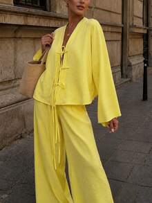 Marisole Women's Long Sleeve Front Buttoned Tie Top With Elastic Waist Straight Pants Two Pieces Set Drop Shoulder ,Elegant,Spring Summer Autumn Yellow - Yellow - View 2