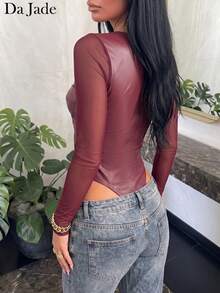 女款秋季優雅Y2K方領人造皮革網紗長袖緊身胸衣連身衣，修身抓皺設計，適合度假、聖誕派對、嘉年華穿搭 - 酒紅色 - 查看 2
