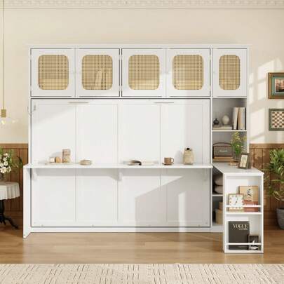 Full Murphy Bed With Desk And Rattan Cabinets, Space-Saving Wall Bed For Home Office, Warm White