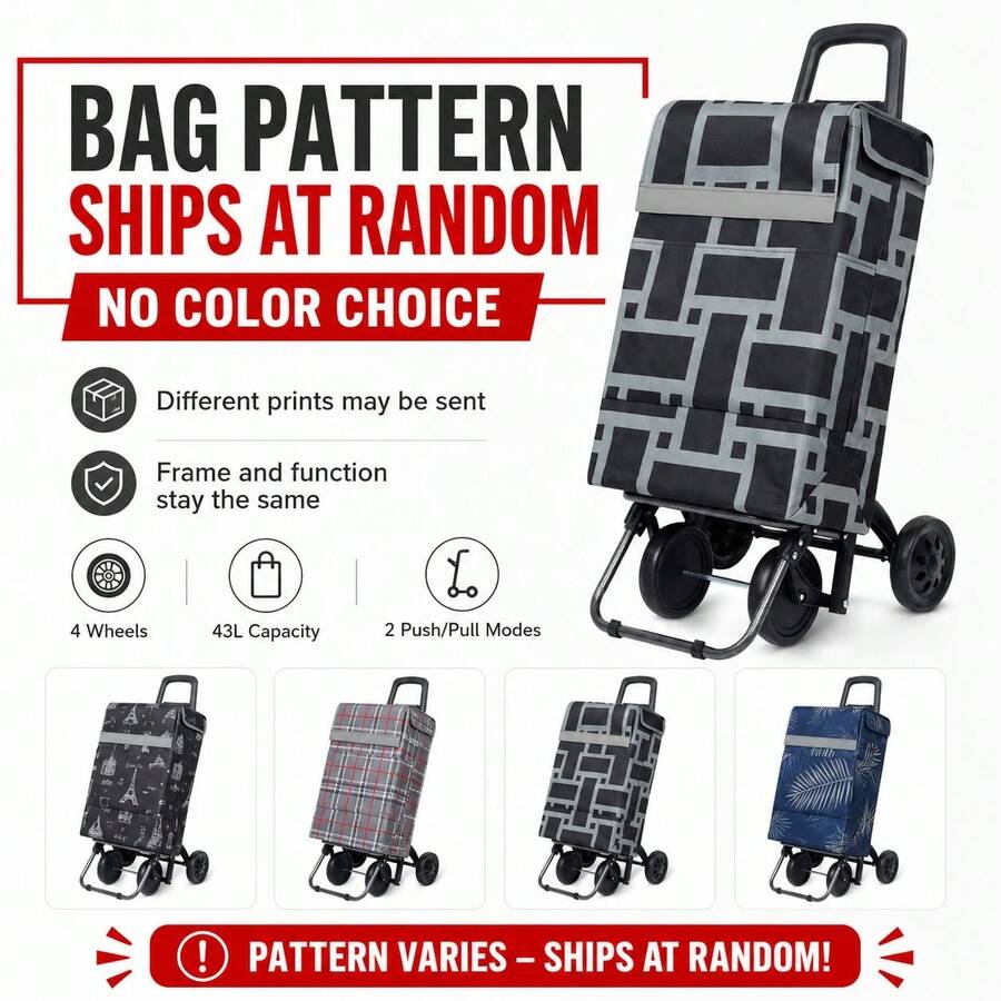 43L Large Capacity 4-Wheel Shopping Cart, Push & Pull Dual Mode, 25KG Heavy Duty, Lightweight Black Steel Frame, Random Color - Multicolor - View 1