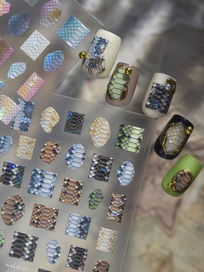 5D Embossed Nail Stickers, Transparent Iridescent Shell Pearl Snake Skin Square Teardrop Self-Adhesive Decals, Matte Multi-Tone Metallic Gloss, Y2K Dark Elegant Mermaid Alt For Home Salon Press On Nails & Daily Punk Manicure,1pc