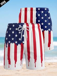 Men's American Flag Dripping Print Beach Shorts Casual Drawstring Elastic Waist Swim Trunks Graphic Board Shorts - White - View 3