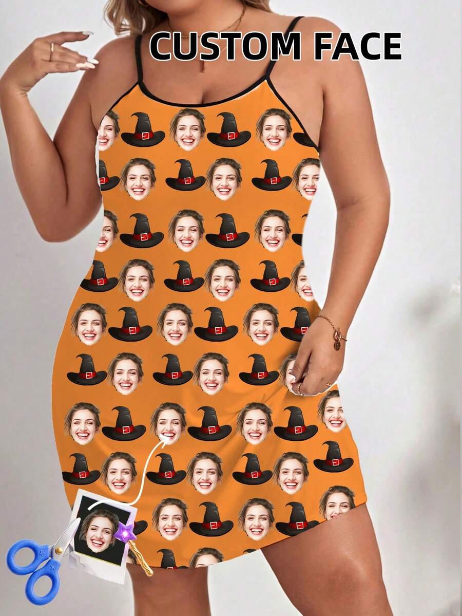 Personalized Custom Face Women's Camisole Nightgown, Halloween Witch Hat All-Over Print Sleeveless Nightgown, Holiday Gift For Women - Burnt Orange - View 1