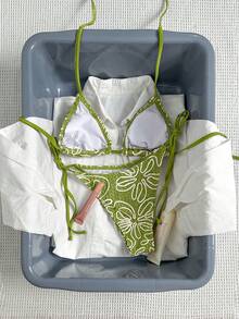 Bikinx 女款夏季時尚不對稱條紋三角綁帶比基尼套裝 - 橄欖綠 - 查看 6
