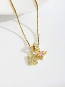 1pc Gold Tone Initial A Pink Heart Planet Pendant Necklace For Girls Sparkly Rhinestone Holiday Party Vacation Daily Wear Celebration Jewelry Gift - Gold - View 3