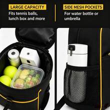 Portable Tennis Bucket Bag, Lunch Tote & Crossbody Storage, Quick Flip Lid, Front Zip Pocket, Mesh Side Pockets, Adjustable Strap, Self-Standing Base. Durable Nylon, Black/Yellow. For Outdoor Sports & Commuting. - Black - View 6