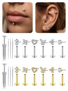 CIZME 3pcs Threadless Nose Rings Flat Back Stud Earrings Piercing Jewelry For Women Men,6/8/10mm Push In Bar Cartilage Tragus Lip Medusa Monroe Labret Stud - Straight-rod Insertion Pin - View 1