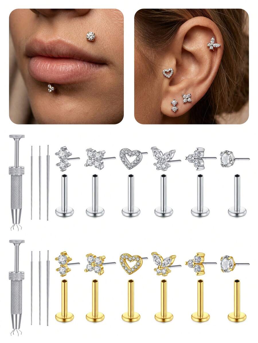 CIZME 3pcs Threadless Nose Rings Flat Back Stud Earrings Piercing Jewelry For Women Men,6/8/10mm Push In Bar Cartilage Tragus Lip Medusa Monroe Labret Stud - Straight-rod Insertion Pin - View 1