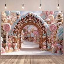 1 Tissu de fond thème Royaume des bonbons de Noël, Arche en pain d'épices, Vue enneigée de la forêt d'hiver, Thème des bonbons de Noël. Convient pour la décoration de Noël, la décoration du Nouvel An, la décoration de la maison, l'arrangement de fête, les accessoires de photographie. - Multicolore - Voir 2