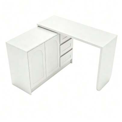 360° Swivel Desk, Modern L-Shaped Corner Desk In White With 3 Drawers And Cabinet, Space-Saving Computer Desk Work Table For Home Office & Study - H75/B110-170/T40cm