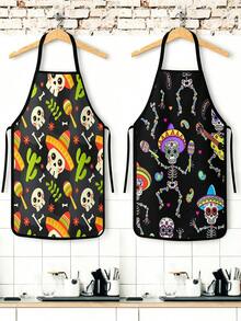 4Pcs/1pcDay Of The Dead Print Apron, Sugar Skull Skeleton Pattern Kitchen Apron For Cooking Baking Halloween PartySkeleton Apron For Halloween, White Human Skeleton Bones Print Black Kitchen Apron - Multicolor - View 2
