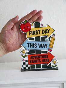 1pc Back To School Season Desktop Stand Up Sign Apple Road Sign Design Fun Multi Color Printed Desktop Ornament Suitable For Classroom Home Teaching Back To School Party Desktop Center Decoration Gift - D - View 5