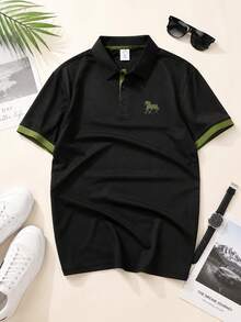 1件男士夏季對比領馬匹印花 Polo 衫，冰絲快乾透氣商務休閒通勤上衣 - 黑色 - 查看 2