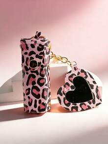 Leopard Print Lipstick Keychain, Portable Heart-Shaped Makeup Mirror Lipstick Pendant. Fashion Y2K Style. Suitable For Students, Office, Party, Travel, Gift - Multicolor - View 13