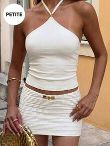 Petite Women's Spaghetti Strap Tank Top, Gold Bead Decor Sleeveless Fitted Cropped Vest, Y2K Nightclub Going Out Sexy Top White Summer - White - View 4